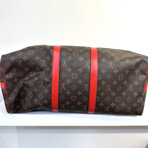 Genuine Louis Vuitton Carry On Bag Red Monogram Canvas Keepall Bandouliere 50 - Picture 3 of 9